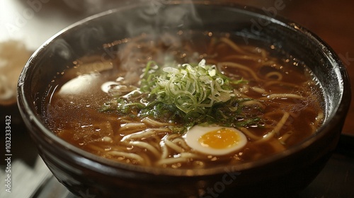 Steaming Bowl of Japanese Ramen with Egg and Scallions in Warm Broth