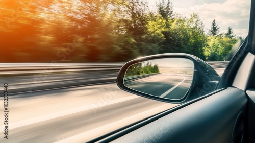 A car driving down a highway with the sun setting in the distance, as seen from the side mirror.