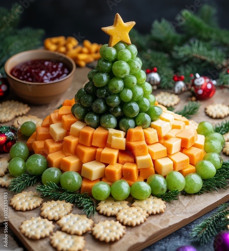Festive cheese and fruit platter shaped like a Christmas tree with crackers a...