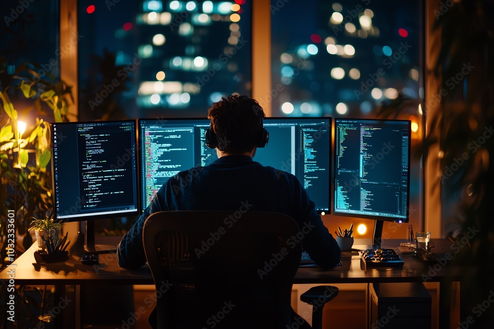 Programmer working late at night in a modern office with multiple screens and city view. Programmer working late at night in a modern office with multiple screens and city view.