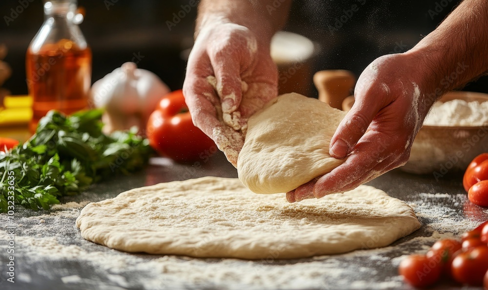 Pizza Process Dough Preparation Close-up shots of the hands kneading and stretching pizza dough on a floured surface, emphasizing the tactile and hands-on nature of the, Generative AI Pizza Process Dough Preparation Close-up shots of the hands kneading and stretching pizza dough on a floured surface, emphasizing the tactile and hands-on nature of the, Generative AI