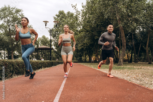 Group of happy, fit sportswomen and sportsman running together. having competition, rivalry outdoors photo