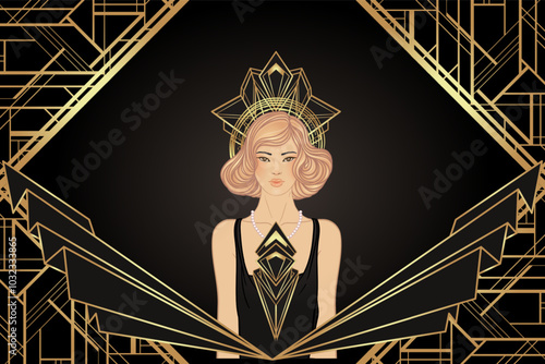 Retro fashion, glamour girl of twenties. Asian pretty woman. Vector illustration. Flapper 20s style. Vintage party invitation design template. Fancy asian lady.