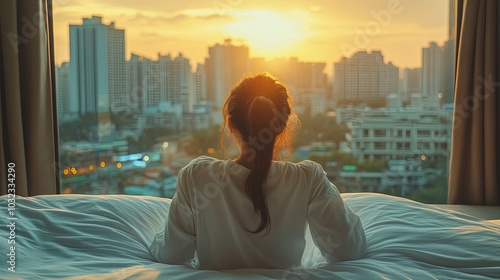 Hotel relaxation on lazy day with Asian woman waking up from good sleep on bed in weekend morning resting in comfort bedroom looking toward city view