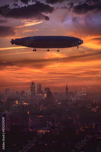 The Majestic JZ Zeppelin Illuminated Over a Radiant Cityscape During Sunset: A Stunning Blend of Technological Marvel and Urban Charm