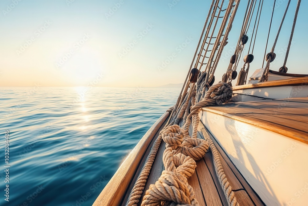 Obraz premium Beautiful wooden ship with tight rope knots, sailing over a calm sea with the sun reflecting off the water, maritime detail, evoking a peaceful sense of journey