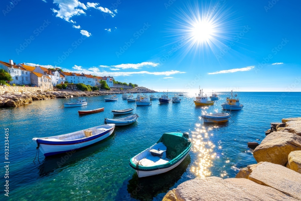 A quiet harbor scene, with fishing boats gently bobbing on a sunlit sea A quiet harbor scene, with fishing boats gently bobbing on a sunlit sea