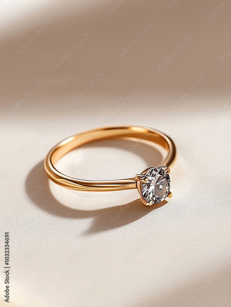 Elegant gold ring with a stunning diamond on a soft beige background. Elegant gold ring with a stunning diamond on a soft beige background.