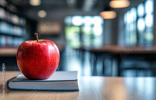 A red apple resting on a closed book in a modern library setting during daytime