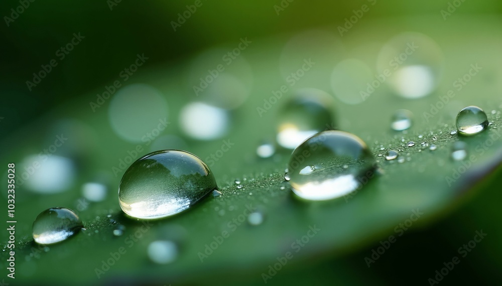 Close-Up Of Water Droplets On Green Leaf With Reflections Close-Up Of Water Droplets On Green Leaf With Reflections