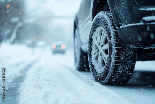 Car on a winter road with snow, close-up of car wheels in motion