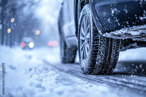 Car on a winter road with snow, close-up of car wheels in motion