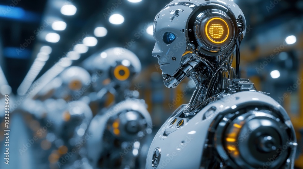 A row of futuristic robots with glowing features in an industrial setting. A row of futuristic robots with glowing features in an industrial setting.
