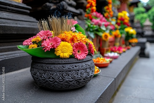 Balinese offerings (canang sari) resting on the steps of a temple, filled with flowers and incense photo