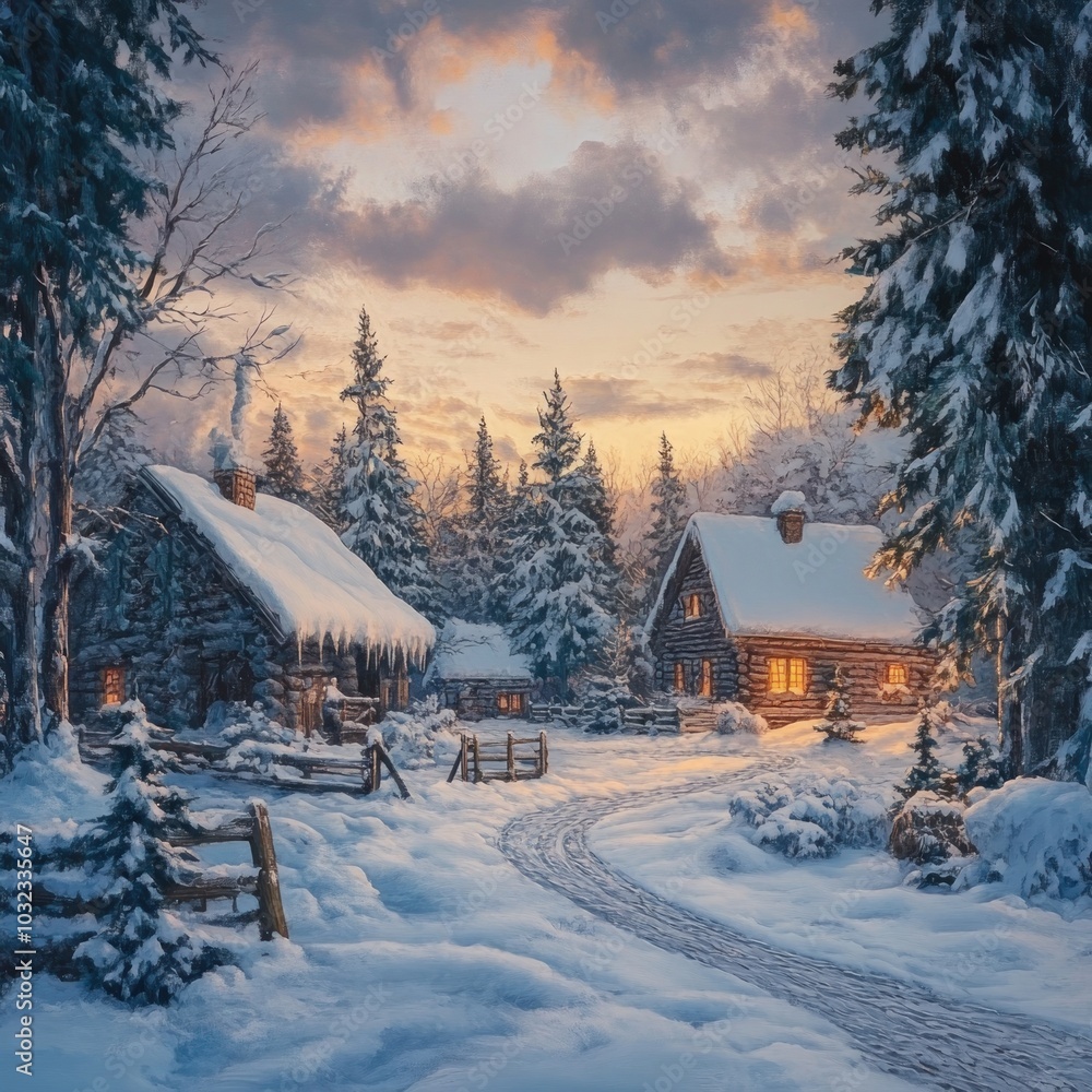 A tranquil winter evening snow-covered cabins nestled amongst pine trees at dusk with warm glowing lights A tranquil winter evening snow-covered cabins nestled amongst pine trees at dusk with warm glowing lights