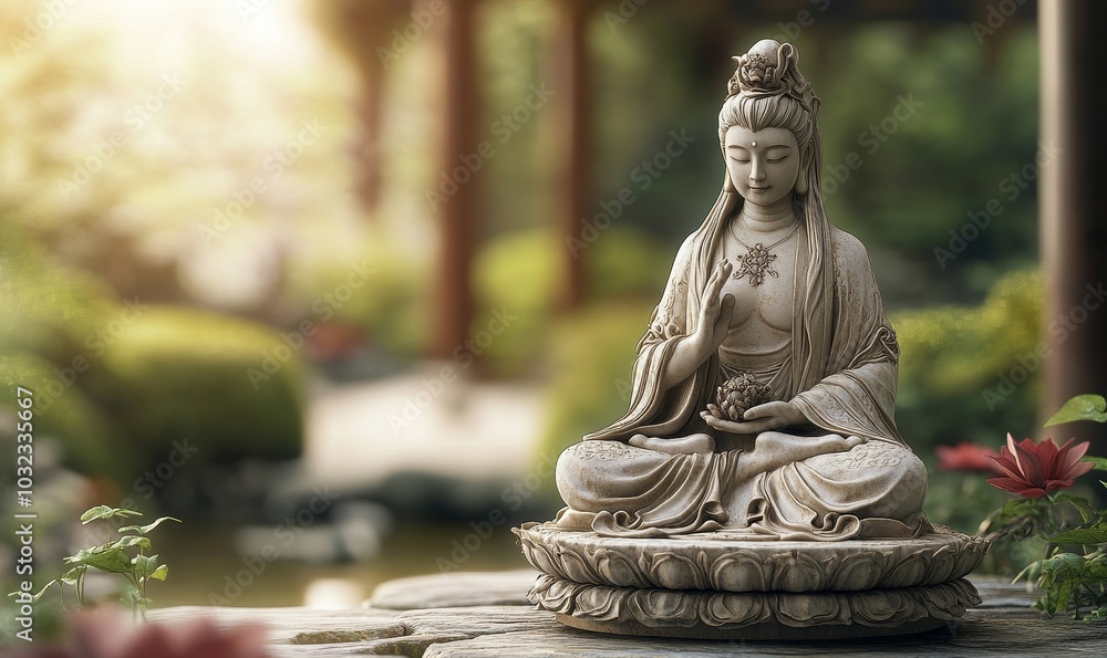 Guanyin in a scene of healing and nurturing, embodying the essence of compassion and mercy, Generative AI Guanyin in a scene of healing and nurturing, embodying the essence of compassion and mercy, Generative AI