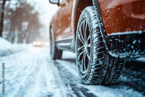Car on a winter road with snow, close-up of car wheels in motion