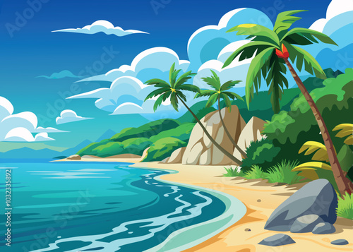 Sailboat sailing past tropical island beach on sunny day cartoon illustration