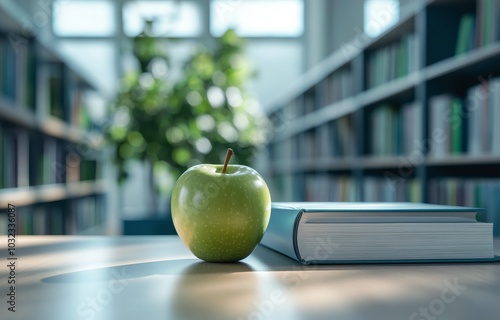 A red apple resting on a closed book in a modern library setting during daytime
