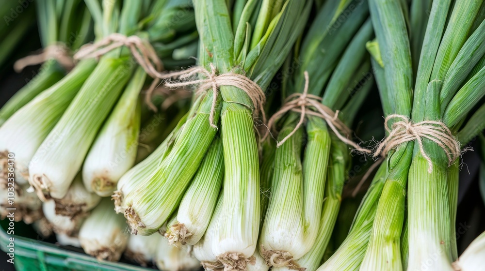 Fresh Organic Green Onions Tied in Bunches Displayed at a Farmers Market Stall Fresh Organic Green Onions Tied in Bunches Displayed at a Farmers Market Stall