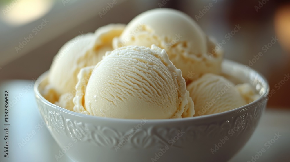 Close-up of creamy vanilla ice cream in an elegant white bowl, minimalist style
Close-up of creamy vanilla ice cream in an elegant white bowl, minimalist style