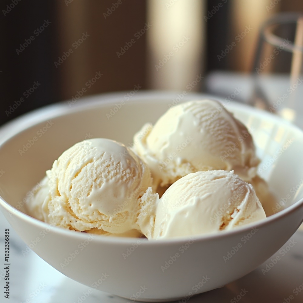 Close-up of creamy vanilla ice cream in an elegant white bowl, minimalist style
Close-up of creamy vanilla ice cream in an elegant white bowl, minimalist style