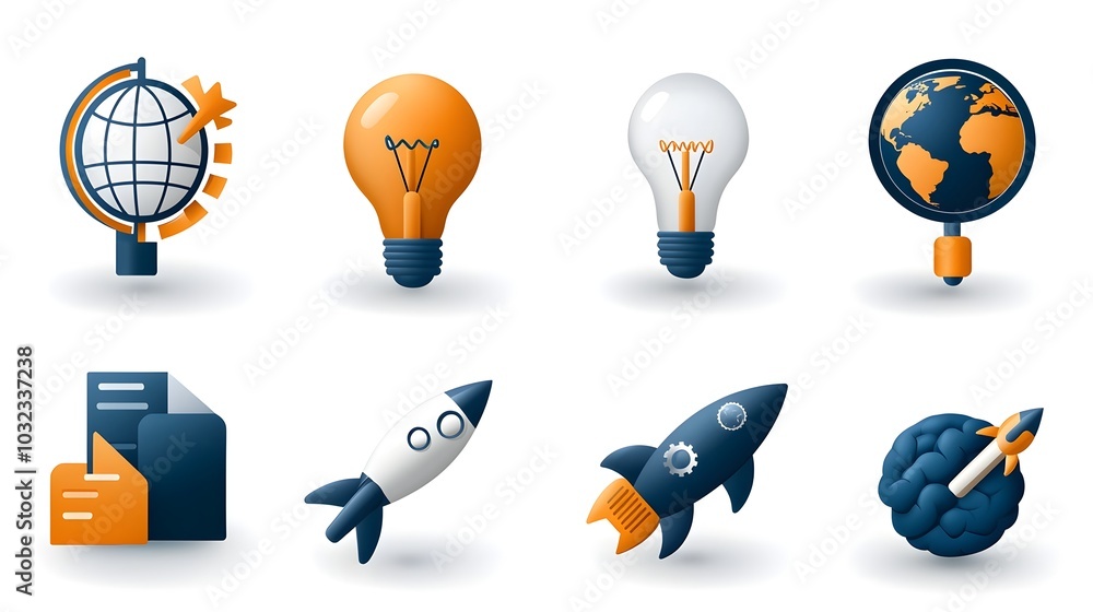 Elegant thin line icons featuring symbols of mind creativity intelligence and critical thinking including a light bulb brain and globe designed for educational knowledge based and conceptual visuals Elegant thin line icons featuring symbols of mind creativity intelligence and critical thinking including a light bulb brain and globe designed for educational knowledge based and conceptual visuals