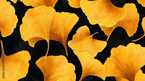 Ginkgo leaves in yellow, with a dark black background, in a repeating pattern