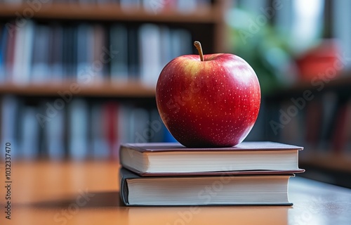 A red apple resting on a closed book in a modern library setting during daytime