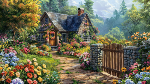 A charming cottage garden with colorful flowers spilling over stone walls, winding paths, and a rustic wooden gate leading to a cozy home photo