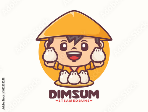 Asian chef cartoon mascot design with dim sum steamed buns, food logo template