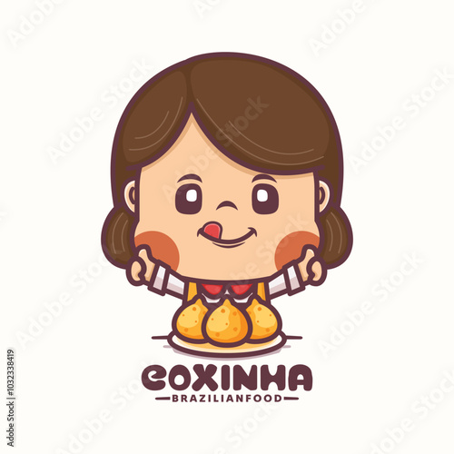 cute woman cartoon mascot design with brazilian food coxinha