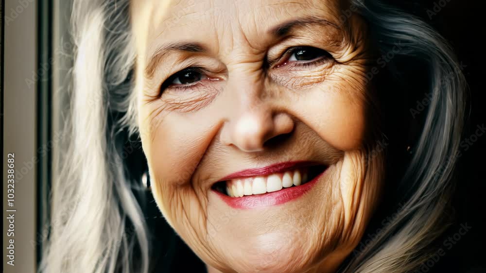 Smiling elderly woman with wrinkles looking happy and content, sunlight softly illuminating her face. VIDEO