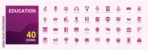 Education and back to school colorful icons set. Line and solid icons pack. collection for web and ui. Outline filled color symbol bundel, Icon names are written in English.