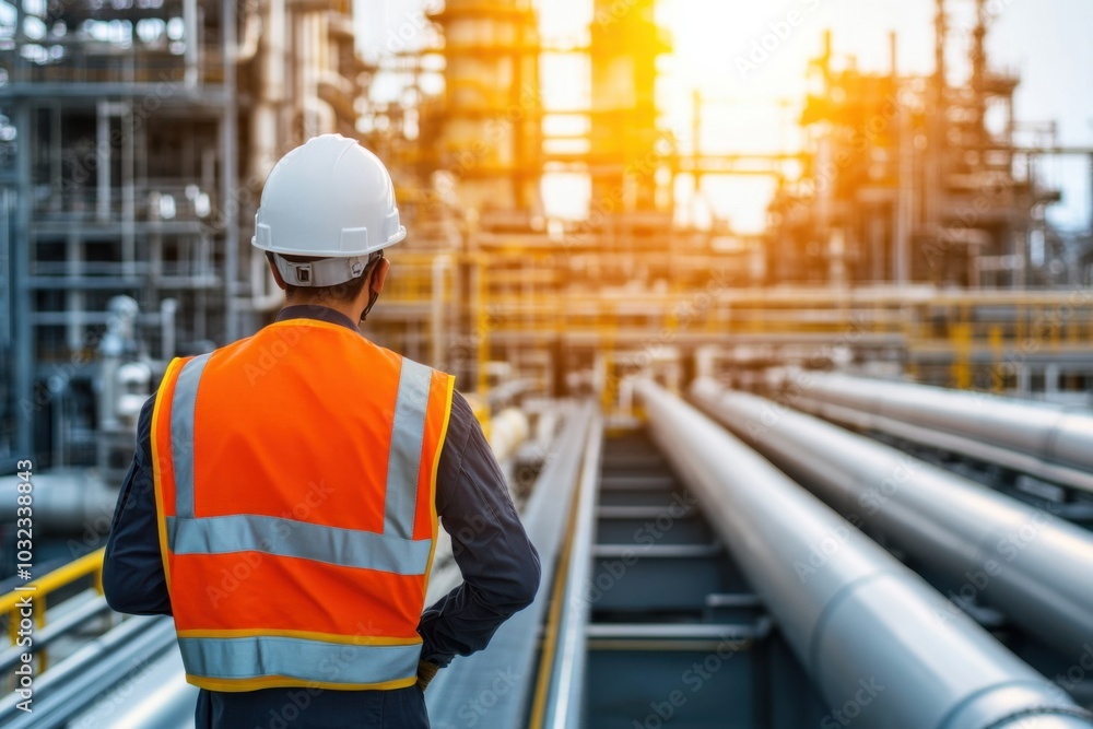 Worker in safety gear inspecting pipelines at a gas refinery, bright daylight Worker in safety gear inspecting pipelines at a gas refinery, bright daylight
