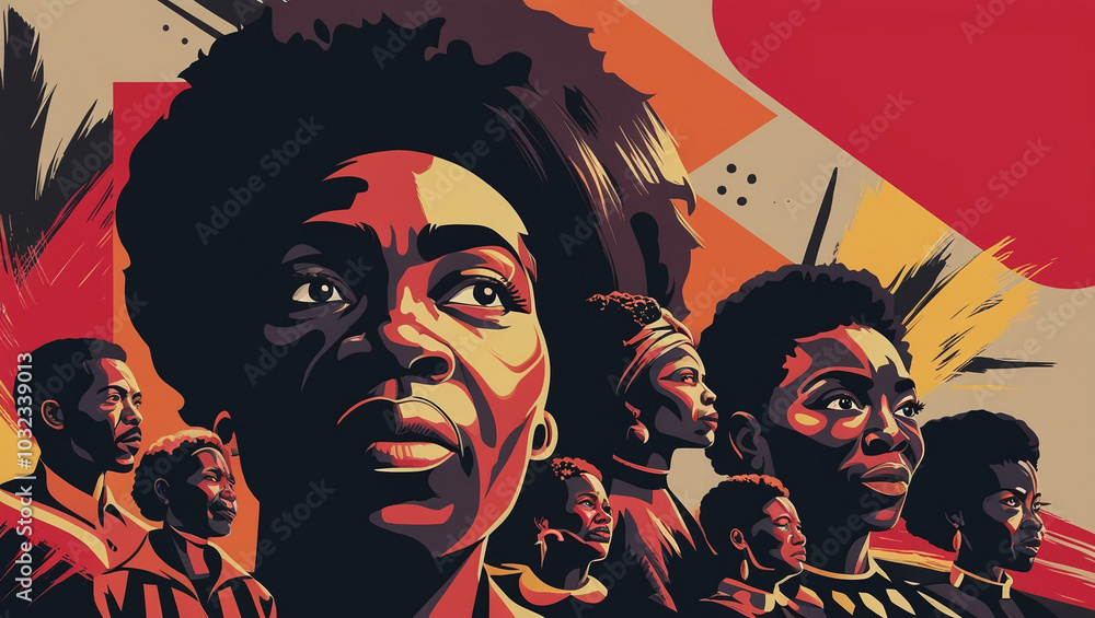 Black History Month Powerful Vibrant Abstract Illustration: African American Men and Women Standing Together in Unity, Strength and Pride for Empowerment and Cultural Significance. Black History Month Powerful Vibrant Abstract Illustration: African American Men and Women Standing Together in Unity, Strength and Pride for Empowerment and Cultural Significance.