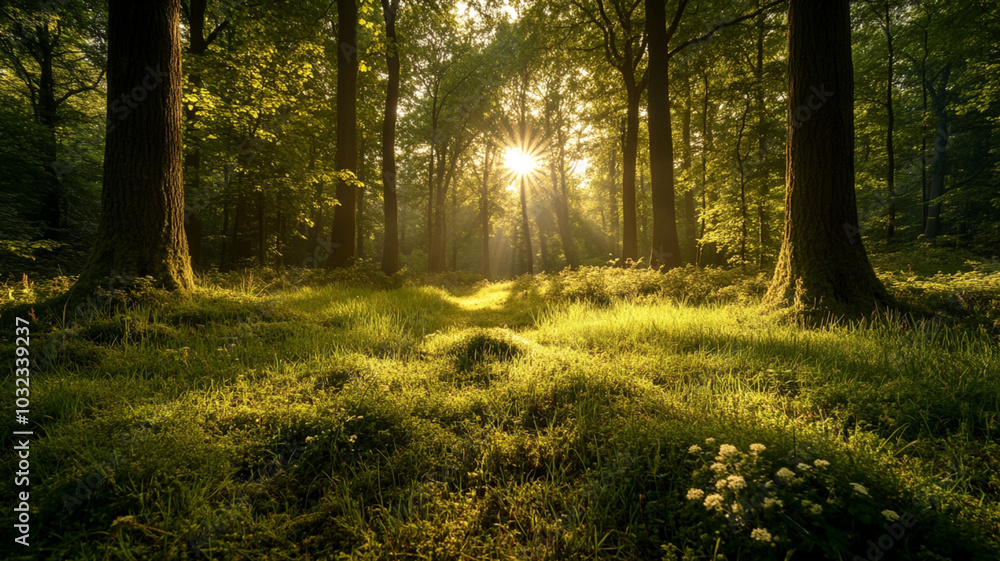 Obraz premium Sunlit forest clearing with tall trees in the background, dappled sunlight on the grass, and an open area in the foreground for copy space.