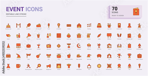 Set of event web icons in colorful line style. Event organization icons for web and mobile app. Line and solid color icon collection. Outline filled symbol pack, Icon names are written in English.