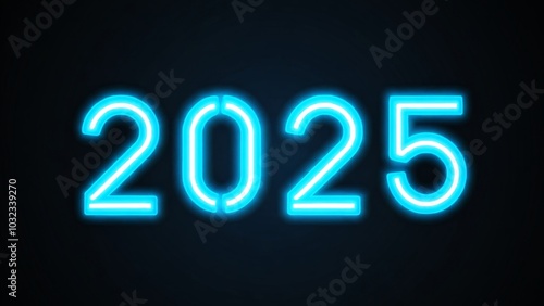 Die leuchtend blaue Jahreszahl 2025 steht vor einem schwarzen Hintergrund und vermittelt eine futuristische, moderne Atmosphäre. Neujahr, Silvester, Postkarte. Generative KI.