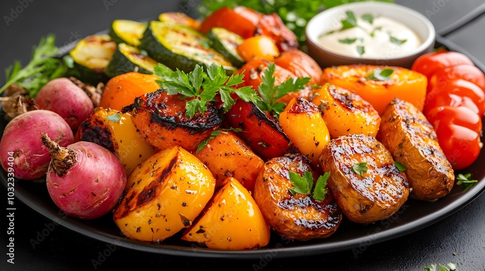 Assortment of Freshly Roasted Root Vegetables Including Carrots Potatoes Parsnips Onions and Beets Artfully Arranged on a Rustic Wooden Platter Assortment of Freshly Roasted Root Vegetables Including Carrots Potatoes Parsnips Onions and Beets Artfully Arranged on a Rustic Wooden Platter