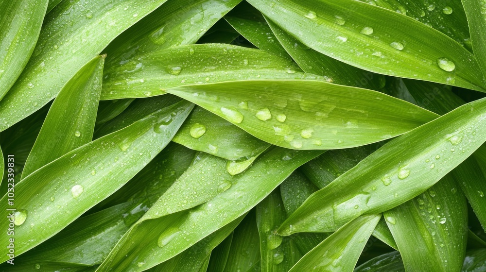 Close-up of water droplets on green leaves, symbolizing freshness and ecological purity.