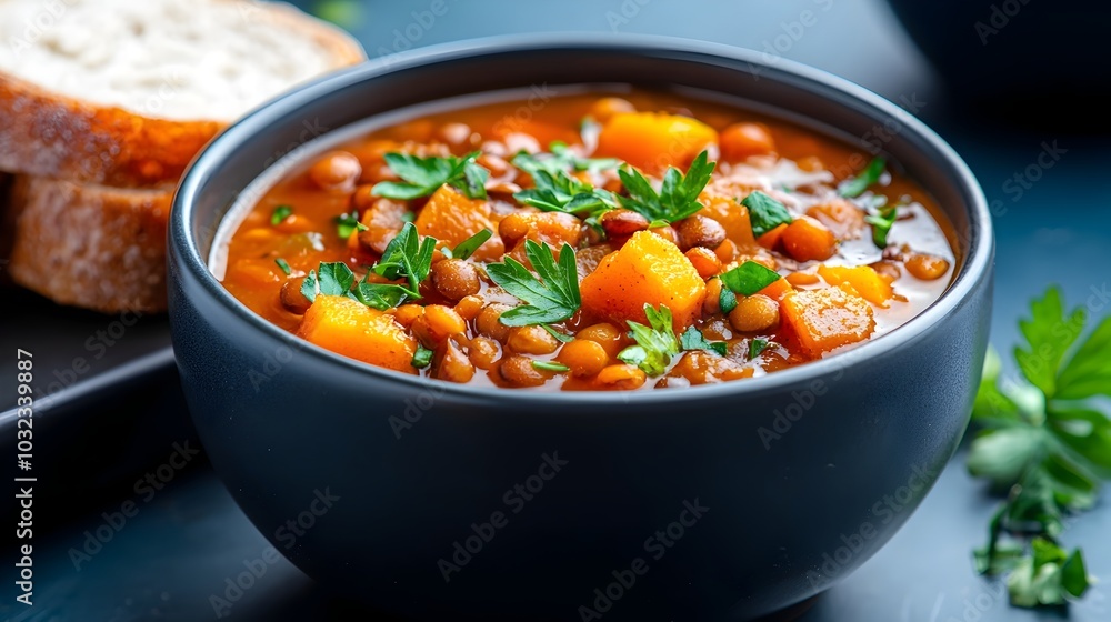 Comforting and nourishing homemade lentil soup served in a bowl garnished with fresh herbs and accompanied by a slice of warm crusty bread Comforting and nourishing homemade lentil soup served in a bowl garnished with fresh herbs and accompanied by a slice of warm crusty bread