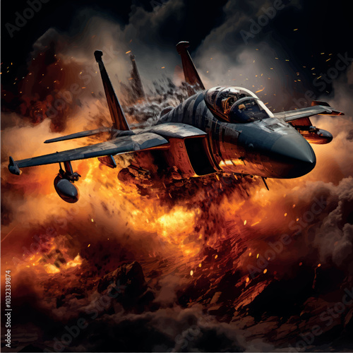 Military fighter on fire. The fighter plane is burning and smoking. Military plane crash. Military aviation. War, explosion, terrorist attack, terrorist attack, military action.