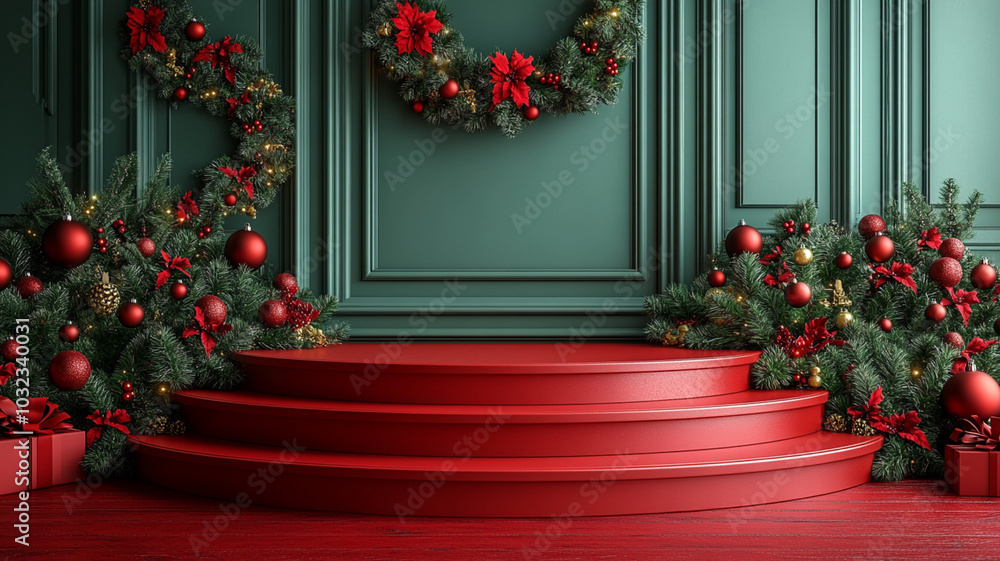 3d of luxury podium with christmas decoration, Christmas concept. Generative AI.