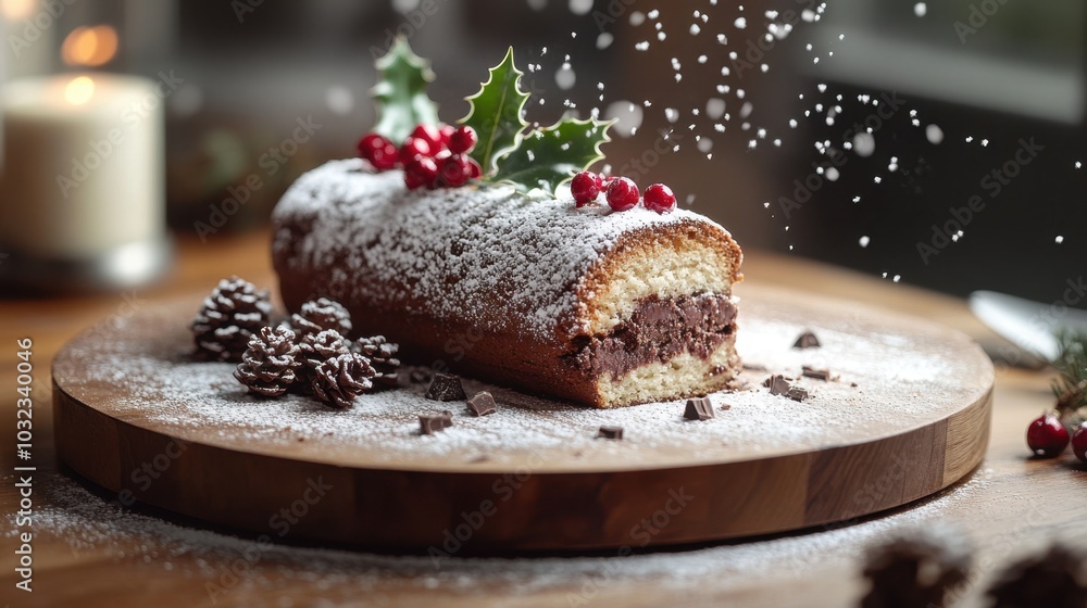 Traditional Bûche de Noël with powdered sugar, chocolate shavings, and holly on a wooden platter
Traditional Bûche de Noël with powdered sugar, chocolate shavings, and holly on a wooden platter