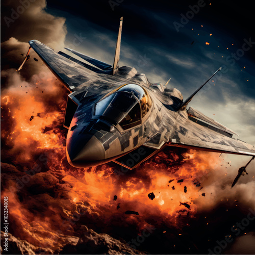 Military fighter on fire. The fighter plane is burning and smoking. Military plane crash. Military aviation. War, explosion, terrorist attack, terrorist attack, military action.