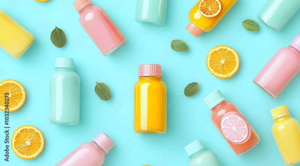 Colorful pastel bottles with citrus fruit slices and green leaves arranged on a light blue background. Fresh and vibrant summer layout with a playful arrangement. Colorful pastel bottles with citrus fruit slices and green leaves arranged on a light blue background. Fresh and vibrant summer layout with a playful arrangement.