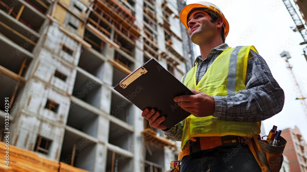 A construction worker inspecting building codes on-site, holding a clipboard while ensuring compliance with safety regulations A construction worker inspecting building codes on-site, holding a clipboard while ensuring compliance with safety regulations