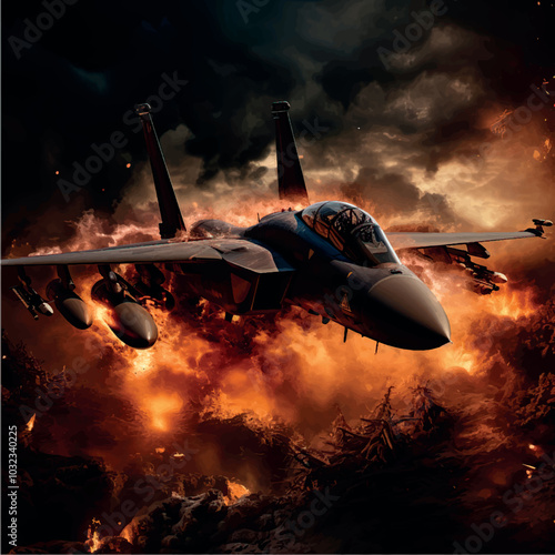 Military fighter on fire. The fighter plane is burning and smoking. Military plane crash. Military aviation. War, explosion, terrorist attack, terrorist attack, military action.