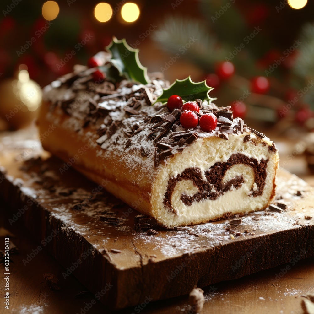 Traditional Bûche de Noël with powdered sugar, chocolate shavings, and holly on a wooden platter
Traditional Bûche de Noël with powdered sugar, chocolate shavings, and holly on a wooden platter